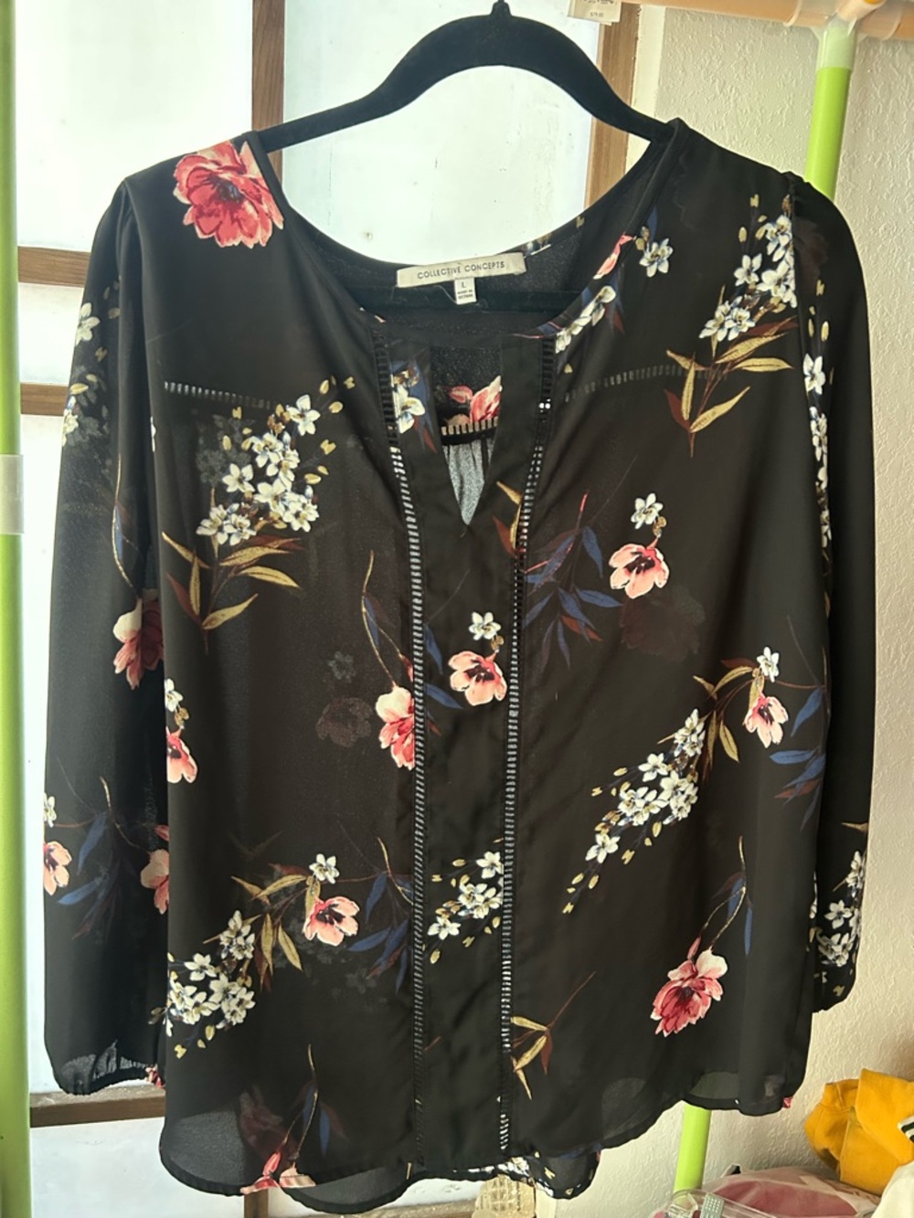 Collective Concepts Black Floral Split-Neck Blouse